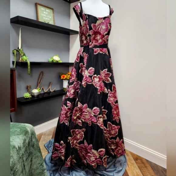 Jovani Black Off the Shoulder Sequin Floral Dress Mother of Bride Flare Luxury - Picture 4 of 16